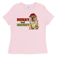 Bubblegum Pink merry and bright english bulldog Ladies Tee - RanaPortraitStore