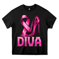 Black Breast Cancer Diva Ribbon and Heels Heavy Core Tee - texasbilliewilder