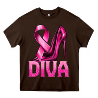 Chocolate Brown Breast Cancer Diva Ribbon and Heels Heavy Core Tee - texasbilliewilder