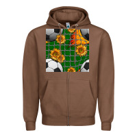 Chestnut soccer balls and sunflowers with goal nets seamless pattern Zipper Hoodie - BundleAndBundleShop