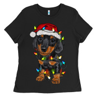 Black dachshund puppy christmas lights Ladies Tee - RanaPortraitStore