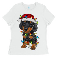 White dachshund puppy christmas lights Ladies Tee - RanaPortraitStore