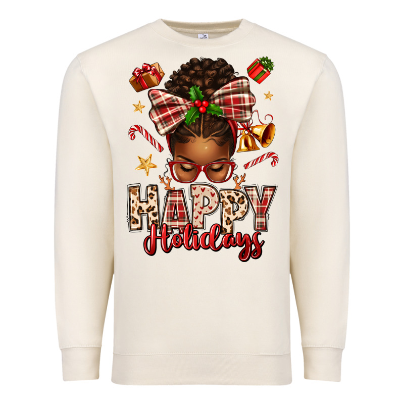 Happy Holidays Christmas Afro Messy Bun Premium Sweatshirt by texasbilliewilder | Teevron