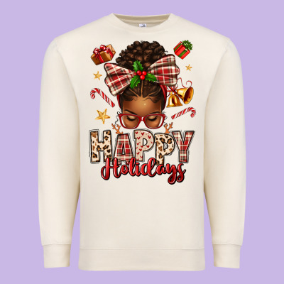 Happy Holidays Christmas Afro Messy Bun Premium Sweatshirt Designed By Texasbilliewilder