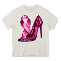 Cream Breast Cancer Ribbon and Heels Heavy Core Tee - texasbilliewilder
