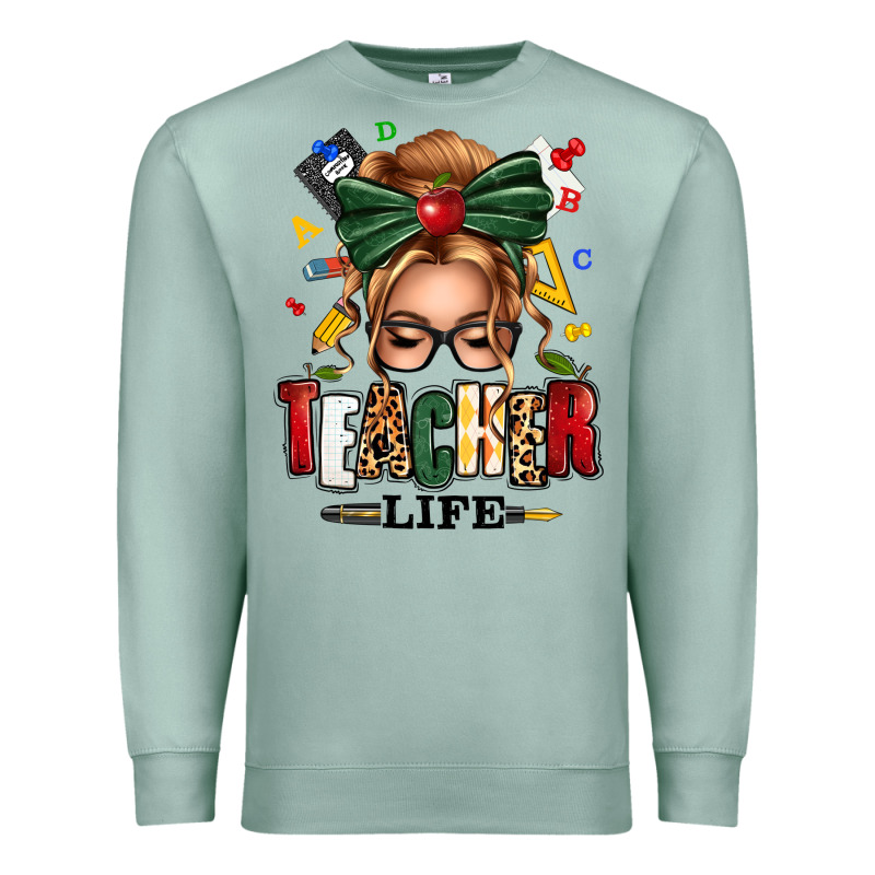 Teacher Life Blonde Caucassian Messy Bun Premium Sweatshirt by texasbilliewilder | Teevron