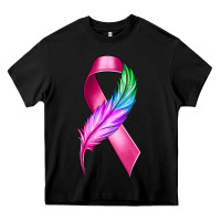 Black Breast Cancer Ribbon with Feather Heavy Core Tee - texasbilliewilder