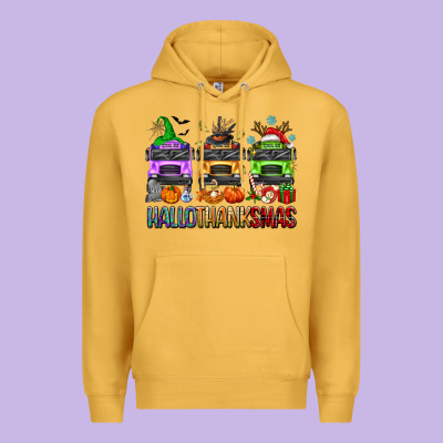 Hallothanksmas School Bus Premium Hoodie Designed By Texasbilliewilder