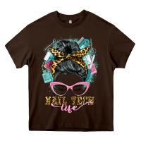 Chocolate Brown nail tech life messy bun Heavy Core Tee - BarkalooDesign