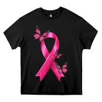 Black Breast Cancer Ribbon with Butterfly Heavy Core Tee - texasbilliewilder