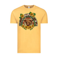 Vintage Mustard scottish calf sunflowers rainbow Vintage Tee - BarkalooDesign