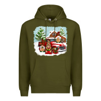 Army Green Christmas gnomes with red truck Premium Hoodie - NancyCooperArtShop