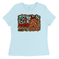 Baby Blue merry christmas highland cow Ladies Tee - RanaPortraitStore