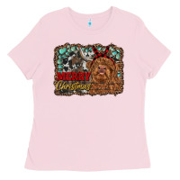 Bubblegum Pink merry christmas highland cow Ladies Tee - RanaPortraitStore