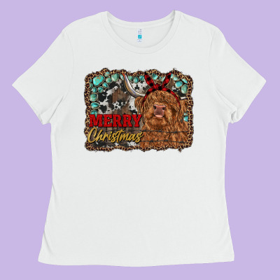 Merry Christmas Highland Cow Ladies Tee Designed By Ranaportraitstore