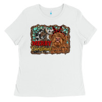 White merry christmas highland cow Ladies Tee - RanaPortraitStore