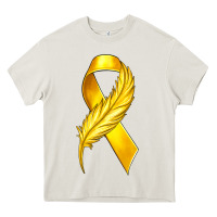 Cream Childhood Cancer Ribbon with Feather Heavy Core Tee - texasbilliewilder