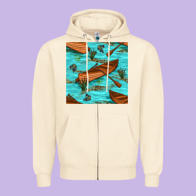 Lake Canoe And Fish With Reeds And Leopard Seamless Pattern Bbs Zipper Hoodie Designed By Bundleandbundleshop