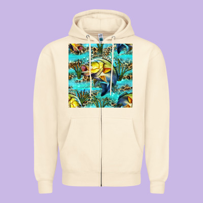 Lake Fish And Reeds With Leopard Seamless Pattern Bbs Zipper Hoodie Designed By Bundleandbundleshop