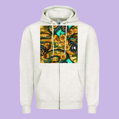 Leopard Digital Camera And Sunflowers With Camouflage Seamless Pattern Zipper Hoodie Designed By Bundleandbundleshop