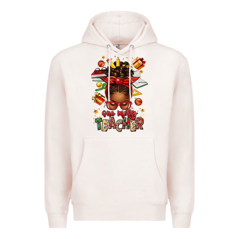 One Merry Teacher Afro Messy Bun Premium Hoodie by texasbilliewilder | Teevron