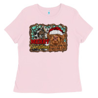 Bubblegum Pink merry Christmas highland cow Ladies Tee - RanaPortraitStore