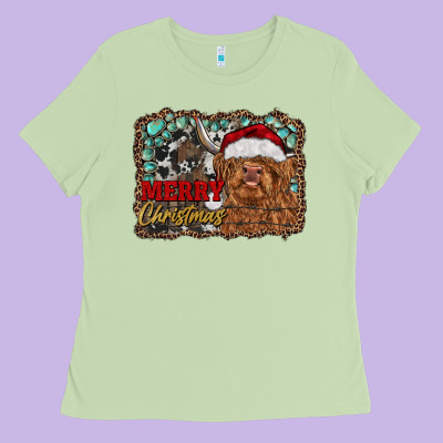 Merry Christmas Highland Cow Ladies Tee Designed By Ranaportraitstore