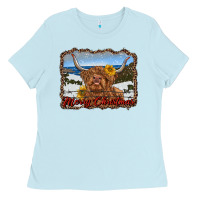Baby Blue merry christmas highland cow with farm Ladies Tee - RanaPortraitStore