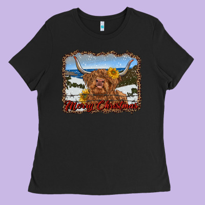 Merry Christmas Highland Cow With Farm Ladies Tee Designed By Ranaportraitstore