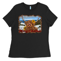Black merry christmas highland cow with farm Ladies Tee - RanaPortraitStore