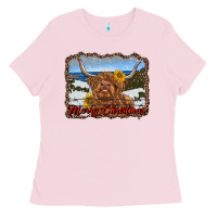 Bubblegum Pink merry christmas highland cow with farm Ladies Tee - RanaPortraitStore