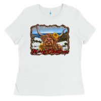 White merry christmas highland cow with farm Ladies Tee - RanaPortraitStore