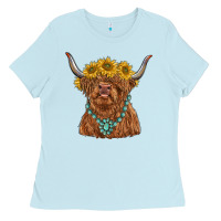 Baby Blue highland cow with sunflower and gemstone Ladies Tee - RanaPortraitStore
