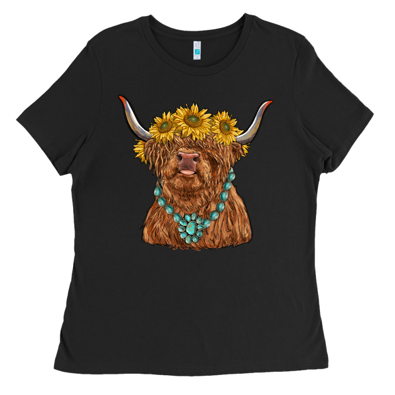 Highland Cow With Sunflower And Gemstone Ladies Tee by RanaPortraitStore | Teevron