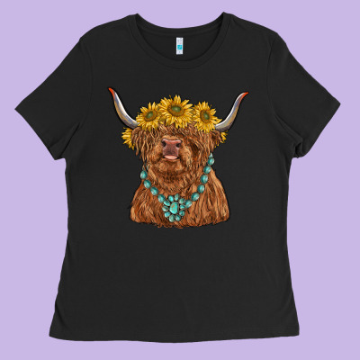 Highland Cow With Sunflower And Gemstone Ladies Tee Designed By Ranaportraitstore