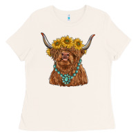 Bone highland cow with sunflower and gemstone Ladies Tee - RanaPortraitStore