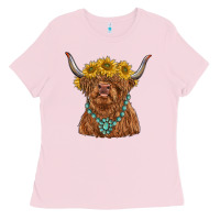 Bubblegum Pink highland cow with sunflower and gemstone Ladies Tee - RanaPortraitStore