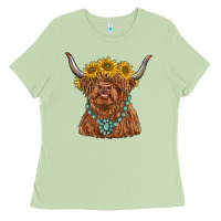 Matcha highland cow with sunflower and gemstone Ladies Tee - RanaPortraitStore