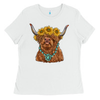 White highland cow with sunflower and gemstone Ladies Tee - RanaPortraitStore