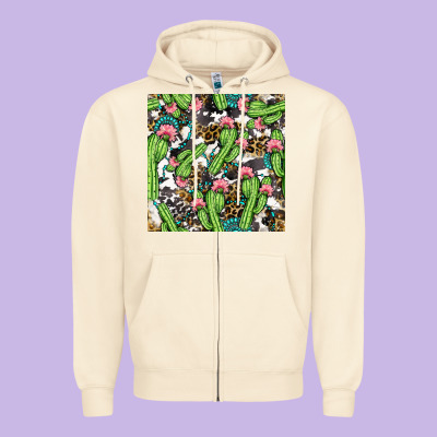 Western Cactus And Turquoise Gemstone With Leopard And Cowhide Seamles Zipper Hoodie Designed By Bundleandbundleshop