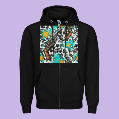 Western Gun And Sheriff Stars With Cowhide Seamless Pattern Zipper Hoodie Designed By Bundleandbundleshop