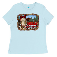 Baby Blue merry christmas heifer cow with farm Ladies Tee - RanaPortraitStore