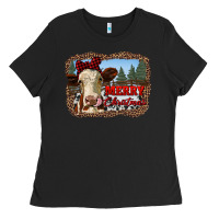 Black merry christmas heifer cow with farm Ladies Tee - RanaPortraitStore