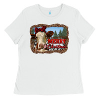 White merry christmas heifer cow with farm Ladies Tee - RanaPortraitStore