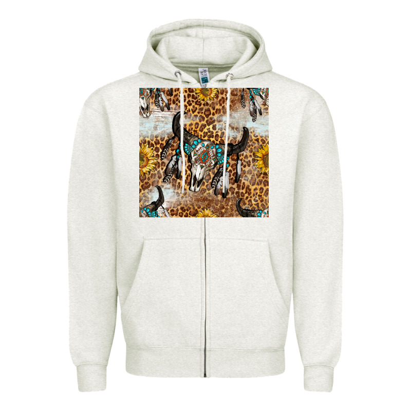 Western Bull Skull And Sunflowers With Leopard Seamless Pattern Zipper Hoodie by BundleAndBundleShop | Teevron