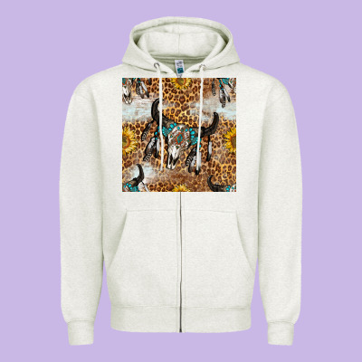 Western Bull Skull And Sunflowers With Leopard Seamless Pattern Zipper Hoodie Designed By Bundleandbundleshop