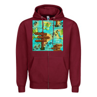 Burgundy Wooden Signboard And Gamping Map Seamless Pattern Zipper Hoodie - BundleAndBundleShop