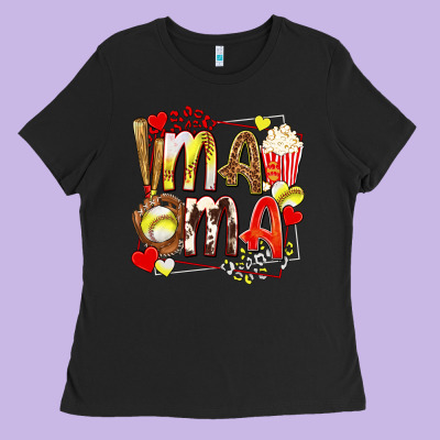Mama Softball Baseball With Popcorn Ladies Tee Designed By Texasbilliewilder