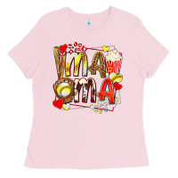 Bubblegum Pink mama softball baseball with popcorn Ladies Tee - texasbilliewilder