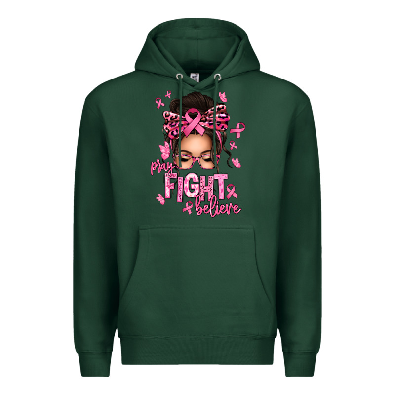 Pray Fight Believe Breast Cancer Afro Messy Bun Premium Hoodie by texasbilliewilder | Teevron
